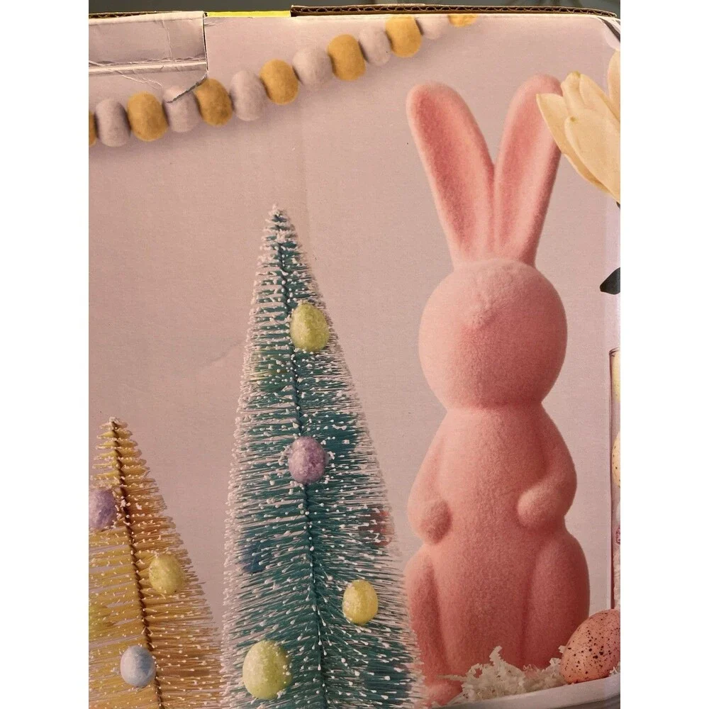 2 Flocked Bunnies Rabbits And 3 Bottlebrush Trees w Egg 5pc Easter Spring Decor